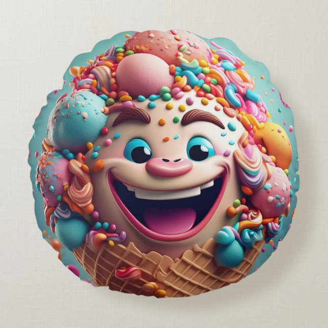 Tecknad Ice Cream Cone Round Pillow - Whimsime Rund Kudde (Framsidan)