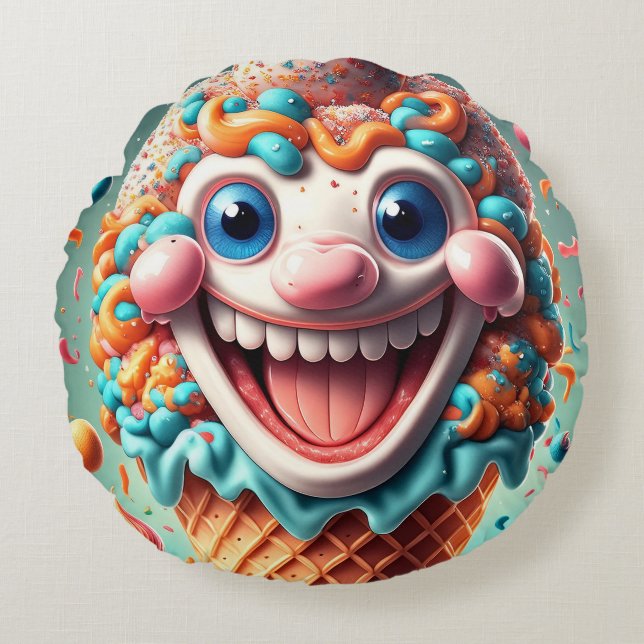 Tecknad Ice Cream Cone Round Pillow - Whimsime Rund Kudde (Framsidan)