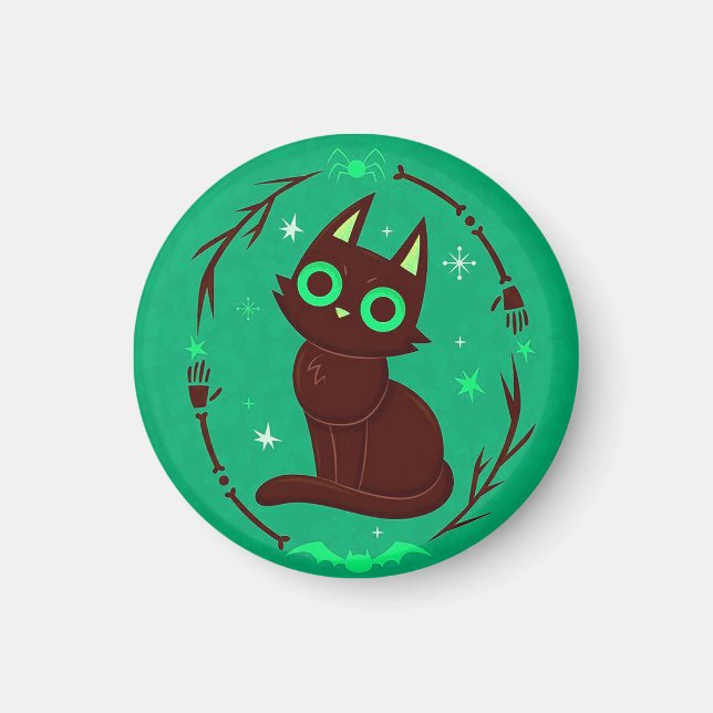 Tecknad illustration av en svart katt Halloween Magnet (Framsidan)