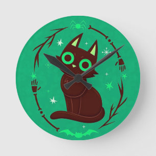 Tecknad illustration av en svart katt Halloween Rund Klocka