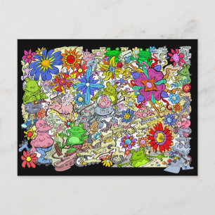 Tecknad illustration av grisar, blommor och grodor helg vykort