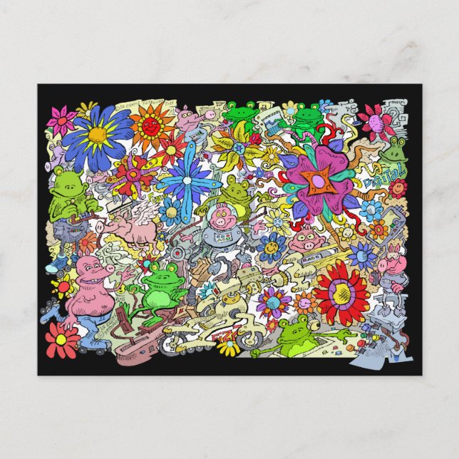 Tecknad illustration av grisar, blommor och grodor helg vykort (Framsida)