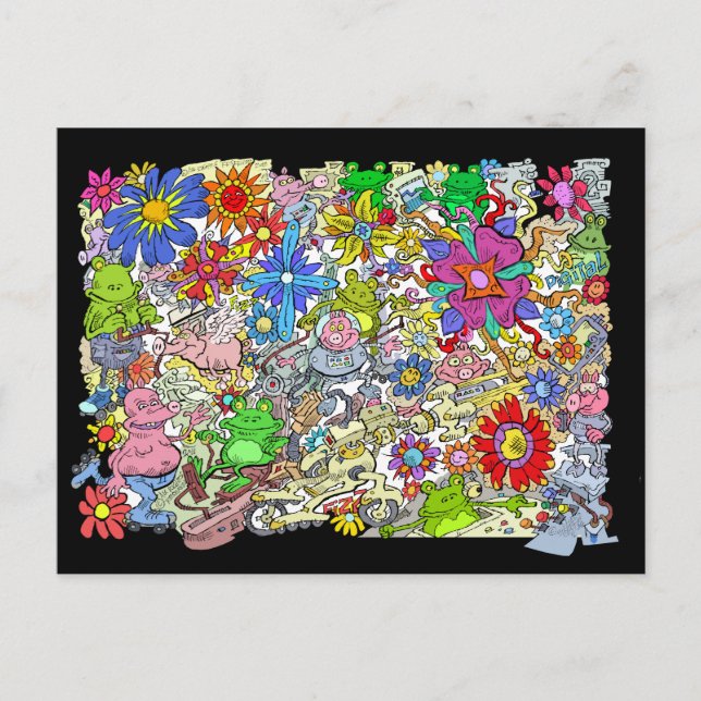 Tecknad illustration av grisar, blommor och grodor vykort (Framsida)