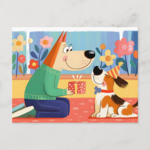 Tecknad illustration av hund som ger present till vykort
