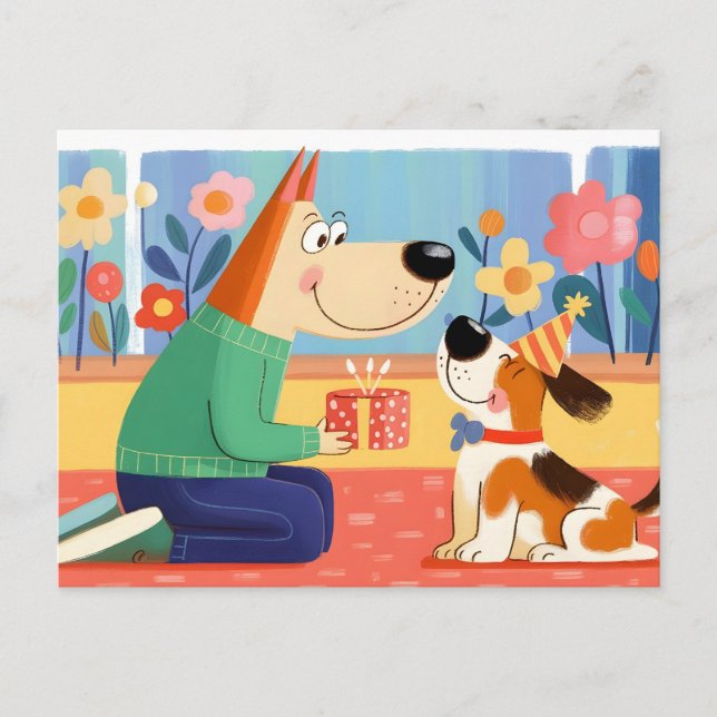 Tecknad illustration av hund som ger present till  vykort (Framsida)