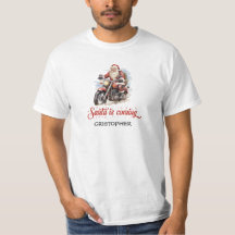 Tecknad illustration av Jultomten på en motorcykel