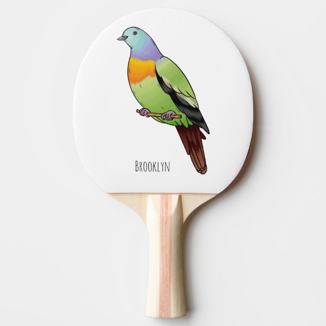 Tecknad illustration av rosa nackad grön duva pingisracket (Framsidan)