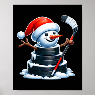 Tecknad ishockeypuck snöman med jultomte hatt jul poster