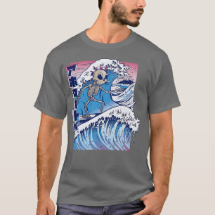 Tecknad japansk skeleton som surfar på våg i hav  t shirt