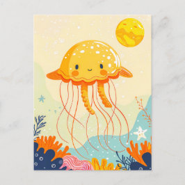 Tecknad Jellyfish Flytande av korallrev Vykort