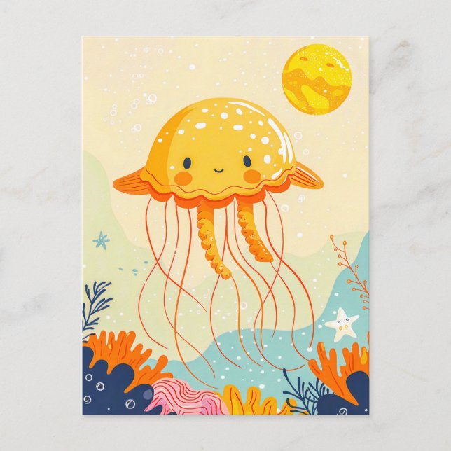 Tecknad Jellyfish Flytande av korallrev Vykort (Framsida)