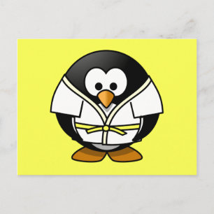 Tecknad Judo Penguin Gult Background Vykort