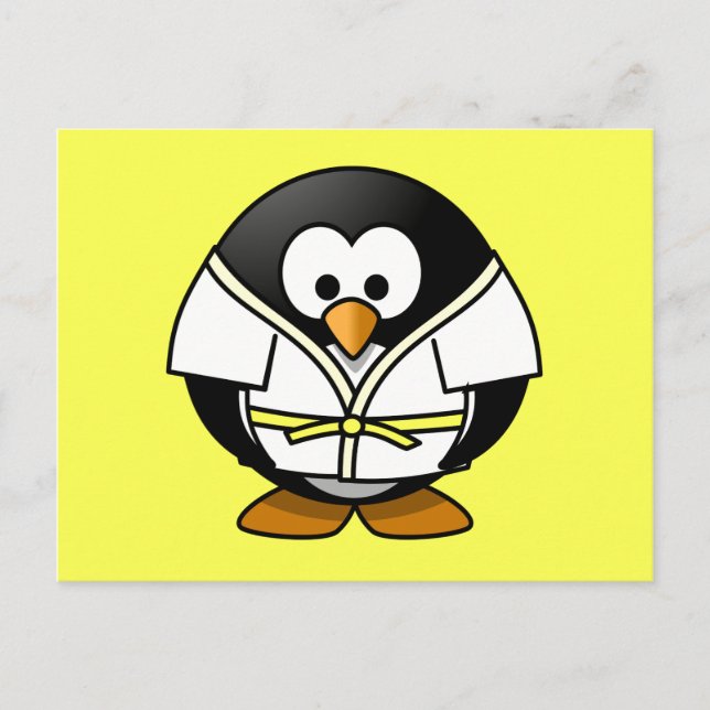 Tecknad Judo Penguin Gult Background Vykort (Framsida)