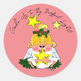 Tecknad jul Angel Holding Star Sticker Runt Klistermärke