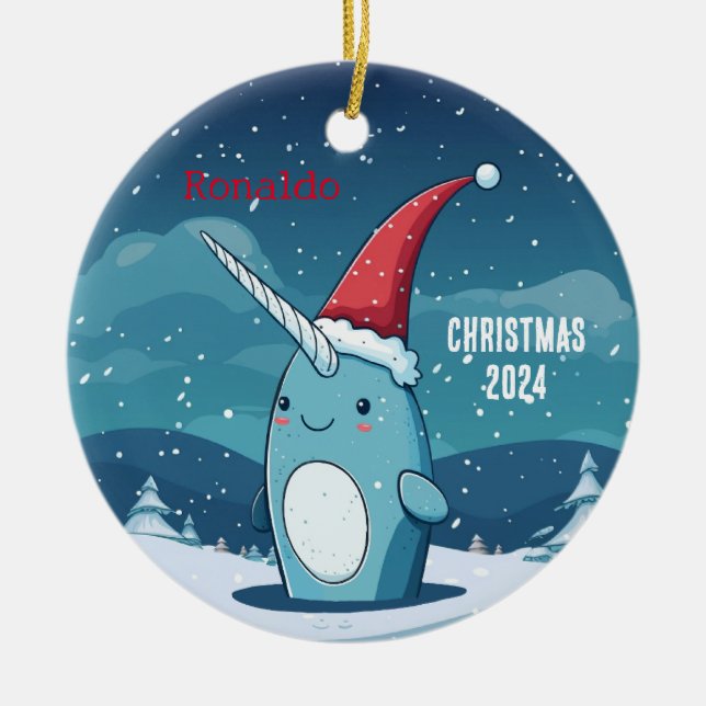 Tecknad Jul Narwhal Personlig Ornament (Framsidan)