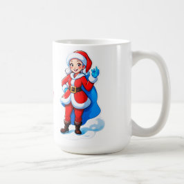 Tecknad jul-tomte flicka i röd kappa med mantel oc kaffemugg
