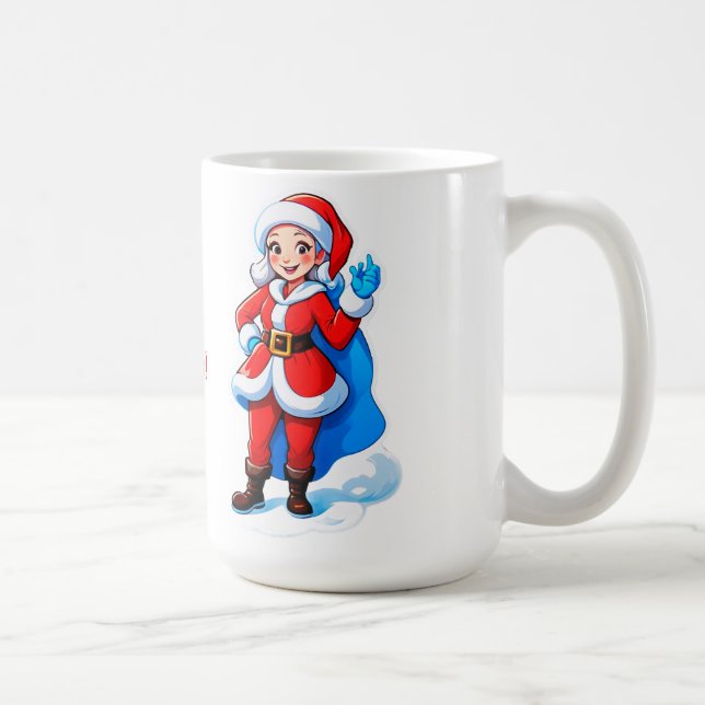 Tecknad jul-tomte flicka i röd kappa med mantel oc kaffemugg (Höger)