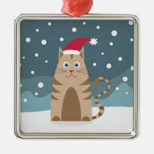 Tecknad julafton-katt som bär julhatt i snö julgransprydnad metall