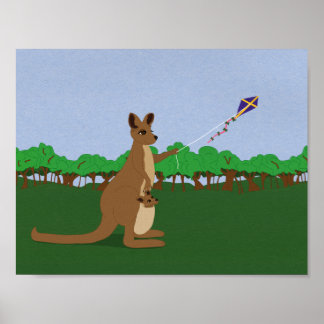 Tecknad Kangaroos som flyger en Kite Poster