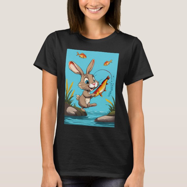 tecknad kanin fångar fisk t shirt (Framsida)