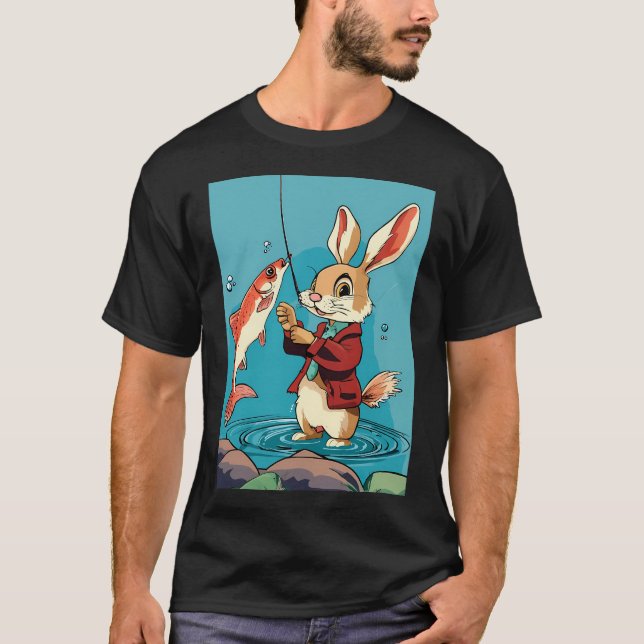 tecknad kanin fångar fisk t shirt (Framsida)