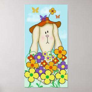 Tecknad kanin med blommor poster