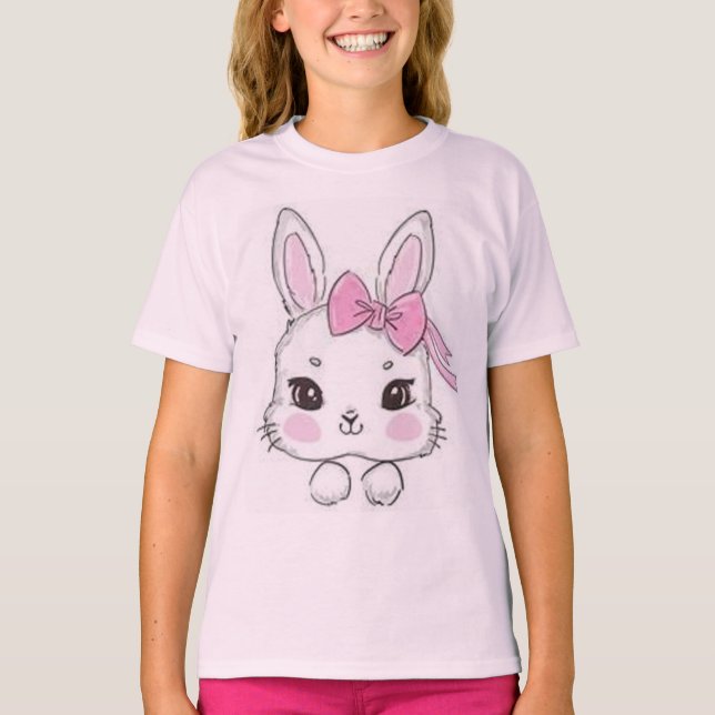 Tecknad kanin och rosa båge t shirt (Framsida)
