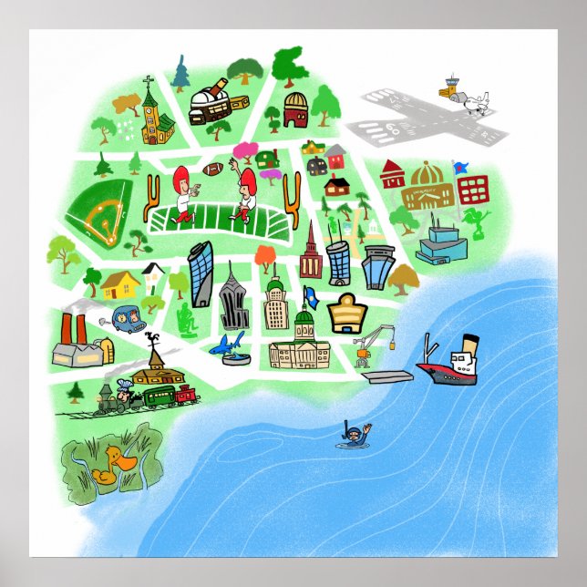 Tecknad Karta i en stad i en fiktiv hamn Poster (Framsidan)