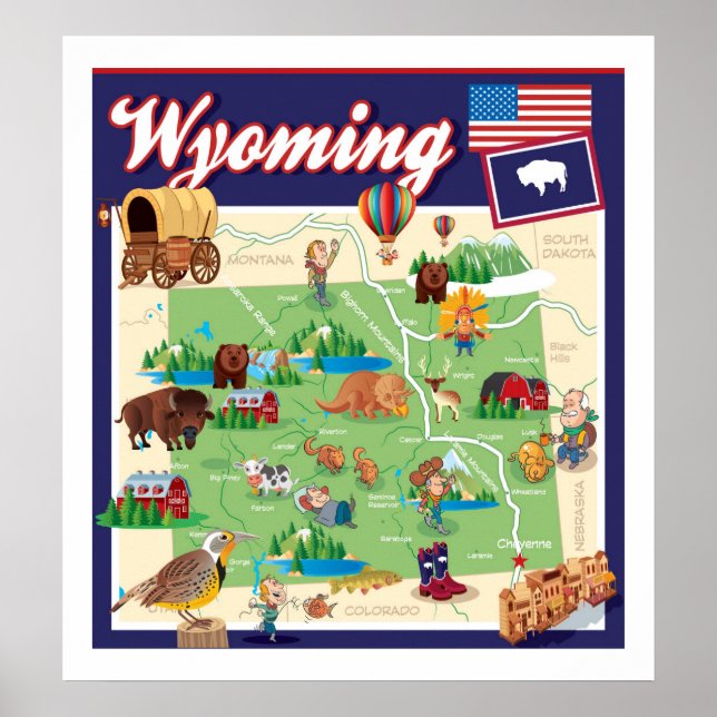 Tecknad Karta i Wyoming Poster (Framsidan)