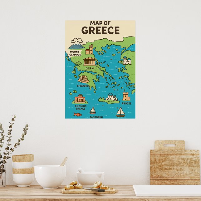 Tecknad karta över Grekland – Illustrerade landmär Poster (Kök)