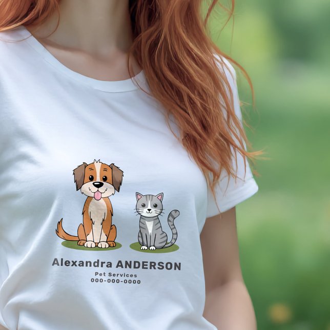 Tecknad Kat & Hund - Pet-tjänster T Shirt (Cartoon Cat & Dog - Pet Services T-Shirt)