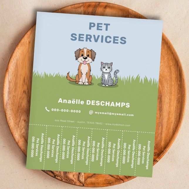 Tecknad Katt & Hund - Fästhållare med ände Flygblad (Cartoon Cat & Dog - Pet Tear Off Strips Flyer)