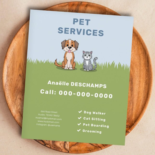 Tecknad Katt & Hund - Flytande serveringstjänster Flygblad (Cartoon Cat & Dog - Pet Services Flyer)