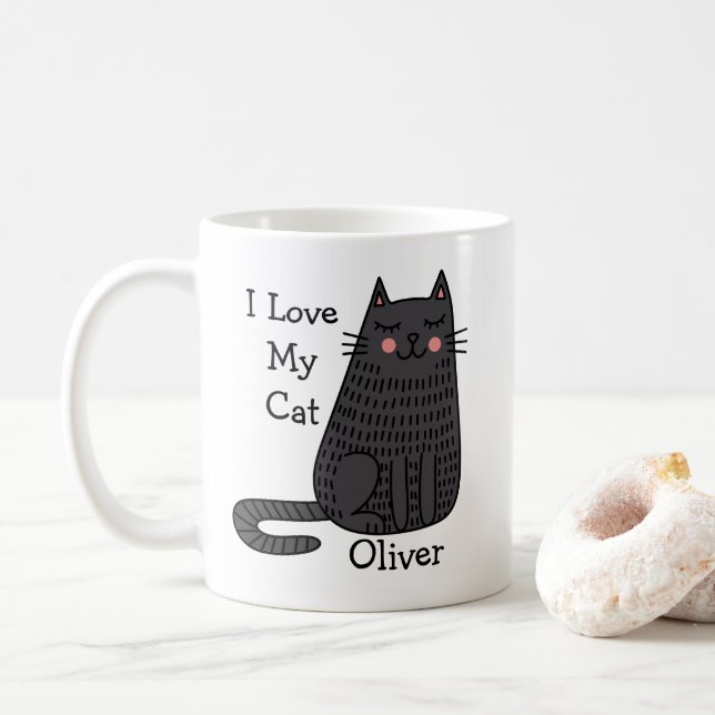 Tecknad katt i doodle-stil Anpassningsbart namn Kaffemugg (Med munk)