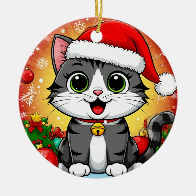 Tecknad katt i tomteluva med juldekoration (Framsidan)