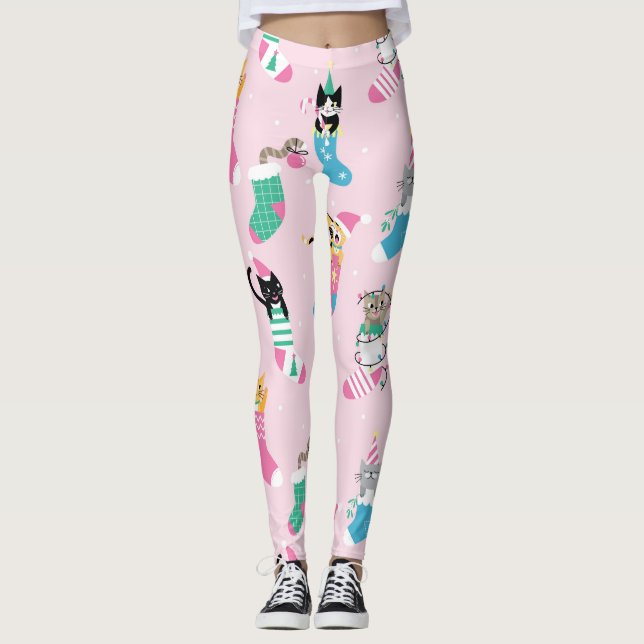Tecknad Katt jul Sömlös Mönster Leggings (Framsida)