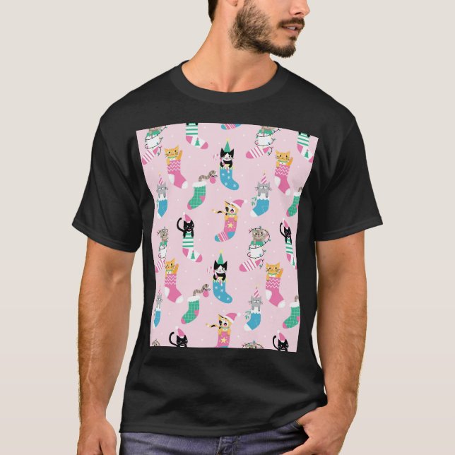Tecknad Katt jul Sömlös Mönster T Shirt (Framsida)