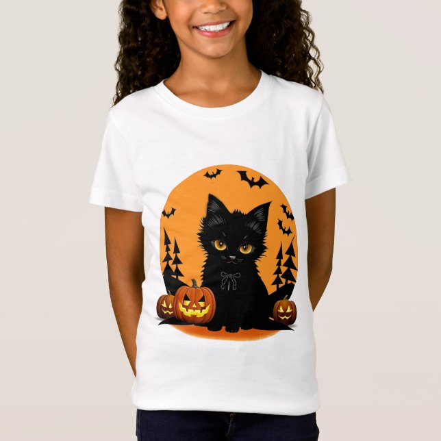 Tecknad katt och pumpor under fullmåne t shirt (Framsida)