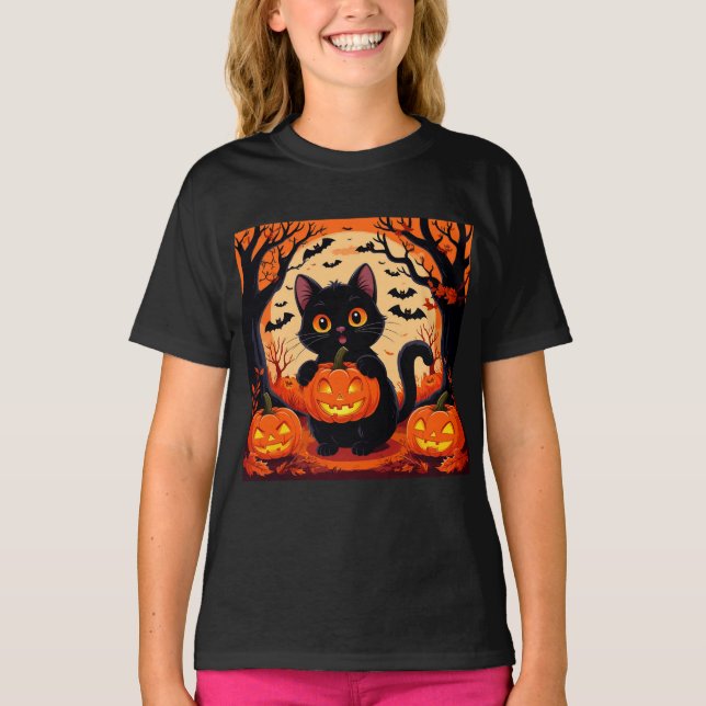 Tecknad katt och pumpor under fullmåne t shirt (Framsida)