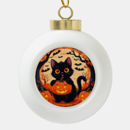 Tecknad Katt och pumpor under fullt måne Julgranskula Keramik