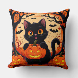 Tecknad Katt och pumpor under fullt måne Kudde