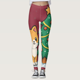 Tecknad katt vid julgran snöig dekal leggings