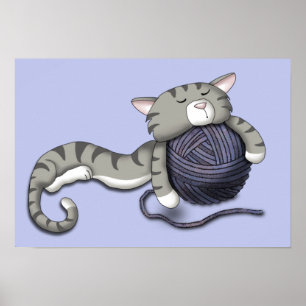 Tecknad Kattunge med boll av garn Poster