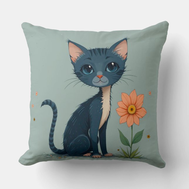 Tecknad kattunge som står nära en gul blomma kudde (Framsida)