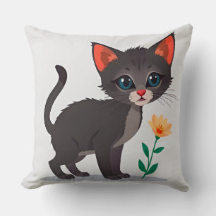 Tecknad kattunge som står nära en gul blomma kudde