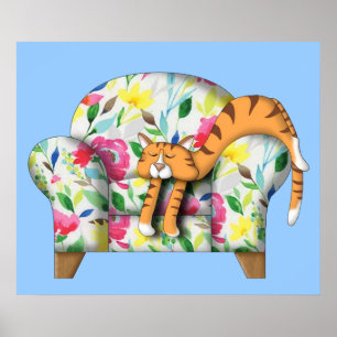Tecknad Kattunge sover på en blommigt stol Poster