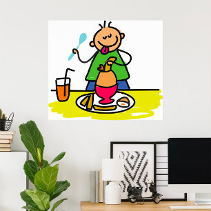 Tecknad Kid Enjoying Meal with Juice and Egg Poster