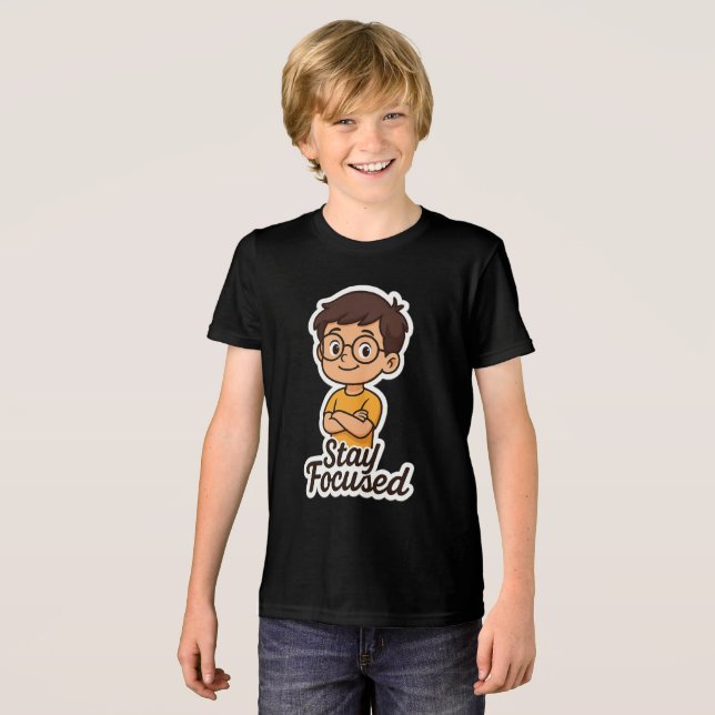 Tecknad Kid Sticker med glasögon - "Håll fokus T Shirt (Framsida Full)