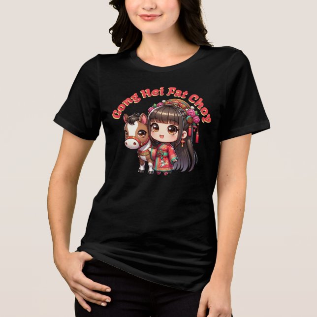 Tecknad kinesiska nyårshäst och flickor t shirt (Framsida)