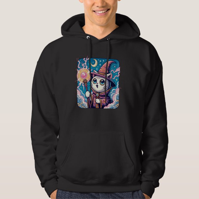 Tecknad Kitten Älskare Funny Reaction Wizard Kat Hoodie (Framsida)